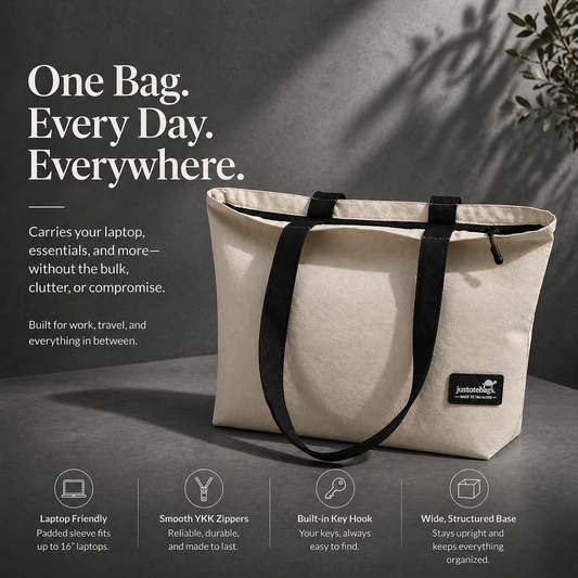 Beige tote bag with black straps on a gray surface, with promotional text and features listed.