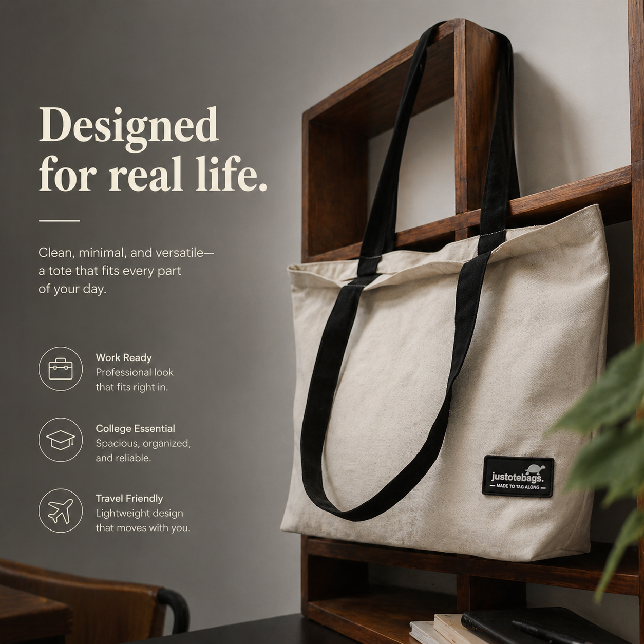 Beige tote bag with black straps hanging on a wooden rack against a gray wall with promotional text.