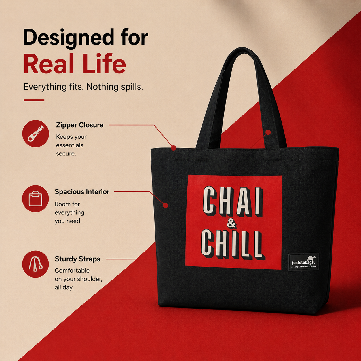 JustoteBags canvas tote bag - Chai n Chill? quote print - view 5