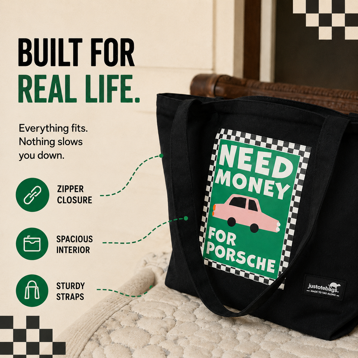 JustoteBags canvas tote bag - Porsche Soon! quote print - view 4