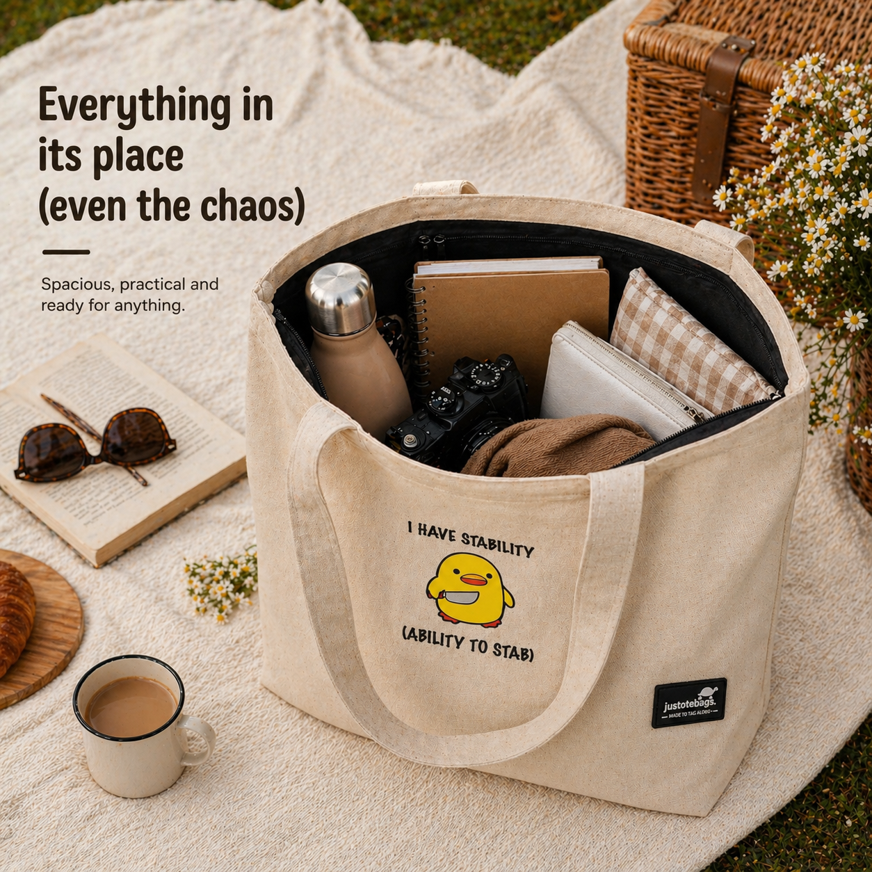 Beige tote bag with items on a picnic blanket, featuring a duck illustration and text.
