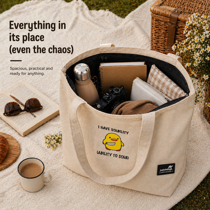 Beige tote bag with items on a picnic blanket, featuring a duck illustration and text.