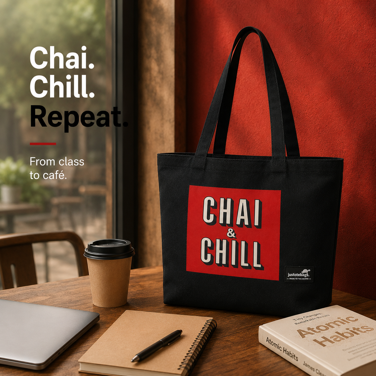 JustoteBags canvas tote bag - Chai n Chill? quote print - view 3