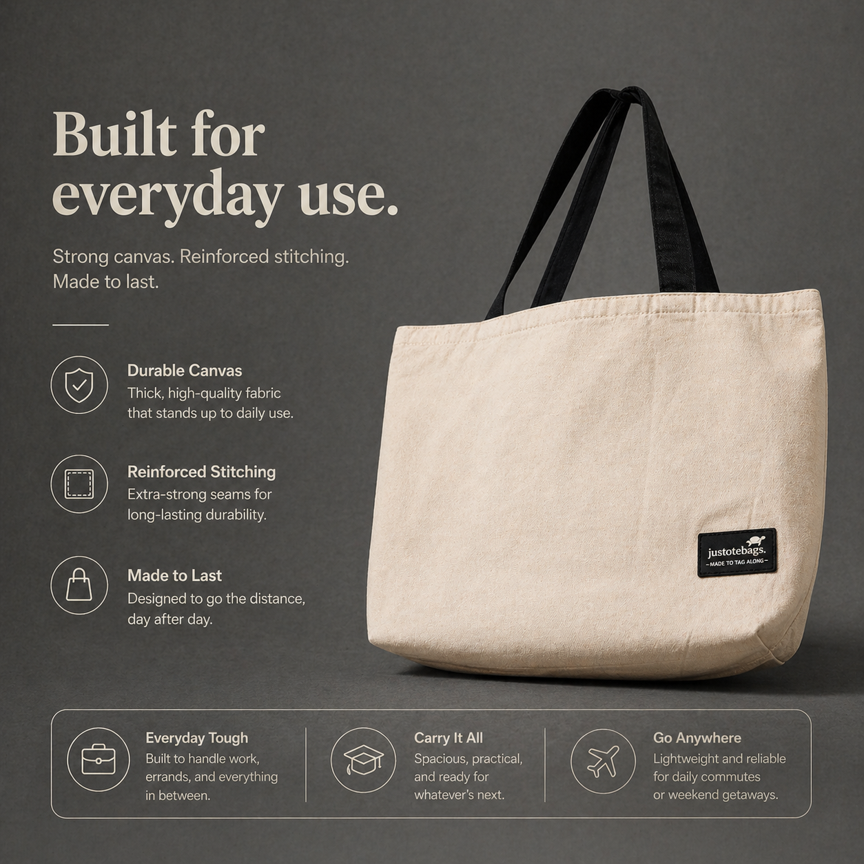 Beige tote bag with black handle on a gray background, featuring text about durability and everyday use.