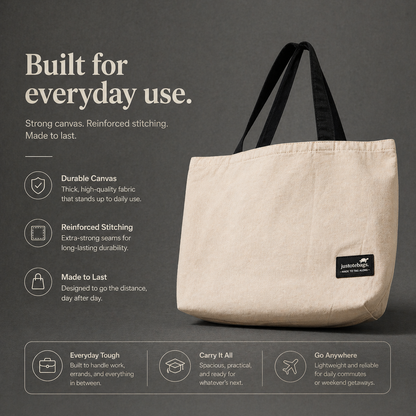 Beige tote bag with black handle on a gray background, featuring text about durability and everyday use.