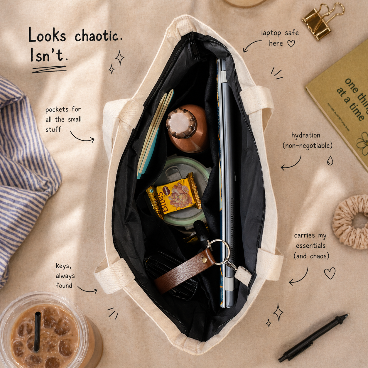 Open bag with various items on a textured surface, with text describing the contents.