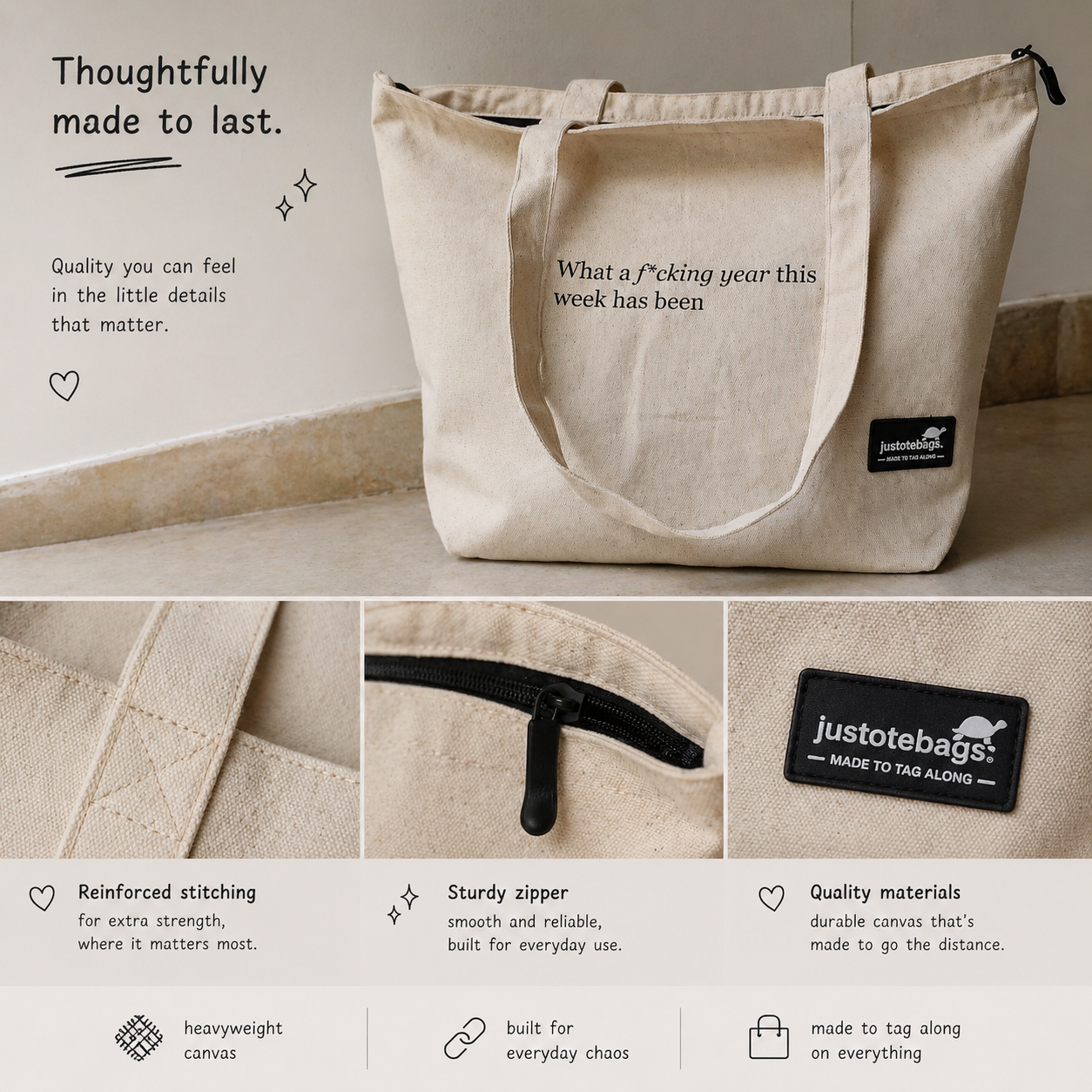 Beige tote bag with text and Justotebags branding, shown with close-up details on a neutral background.