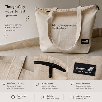 Beige tote bag with text and Justotebags branding, shown with close-up details on a neutral background.