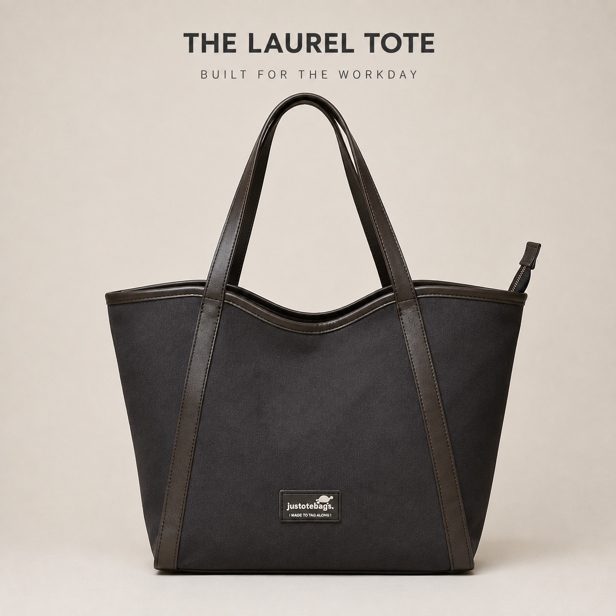The Laurel Tote in Charcoal — premium canvas and rexin office tote bag by JustoteBags, front view