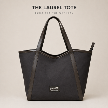 The Laurel Tote in Charcoal — premium canvas and rexin office tote bag by JustoteBags, front view