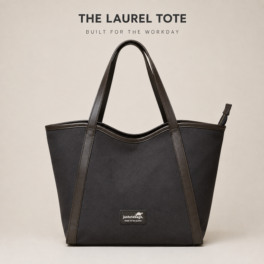 The Laurel Tote in Charcoal — premium canvas and rexin office tote bag by JustoteBags, front view