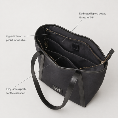 The Laurel Tote in Charcoal — close-up of built-in key hook and premium canvas and rexin build