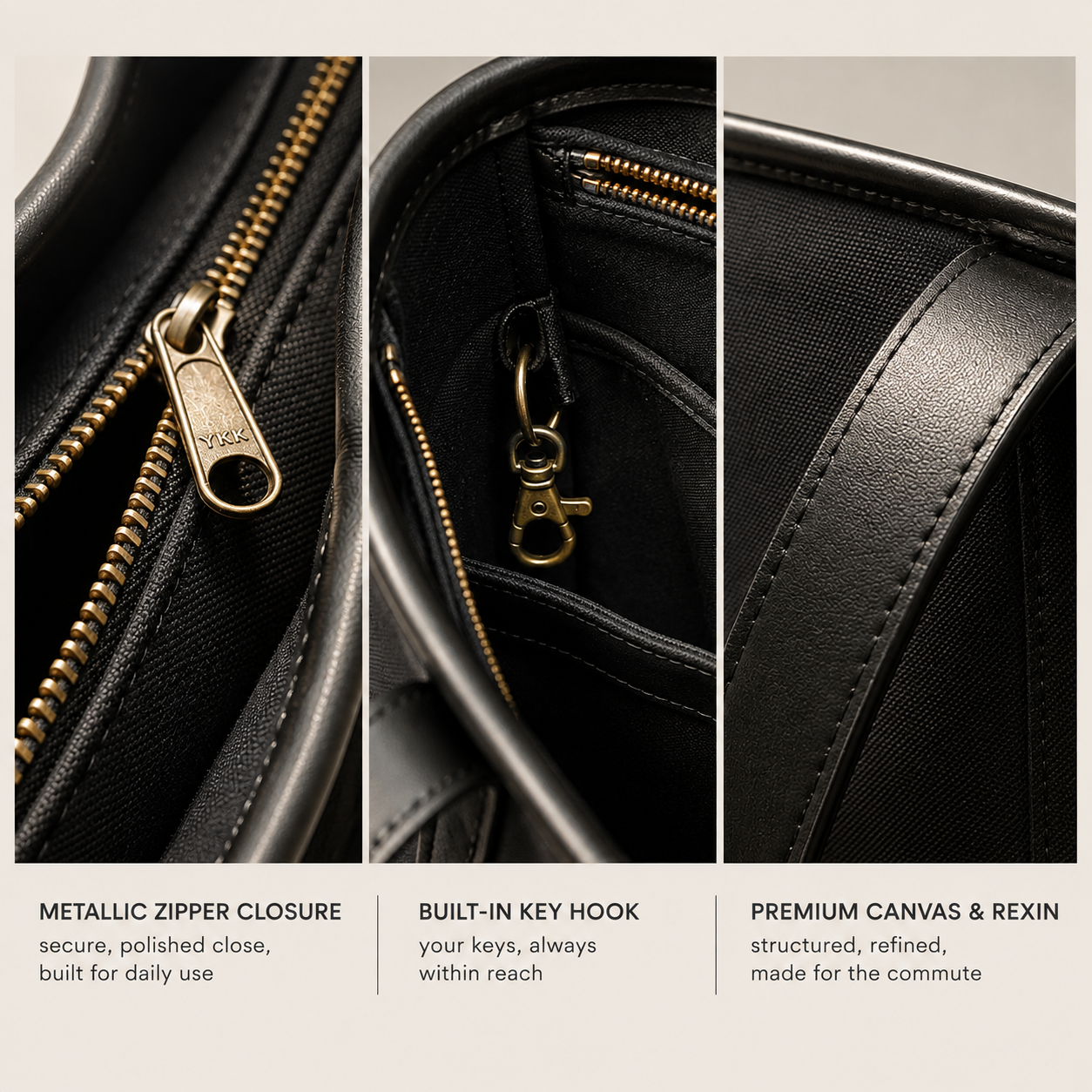 The Laurel Tote in Charcoal — structured silhouette with metallic zipper closure