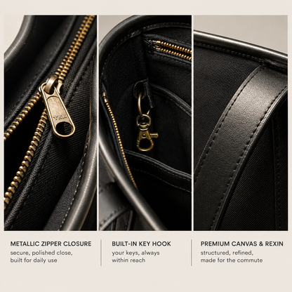 The Laurel Tote in Charcoal — structured silhouette with metallic zipper closure