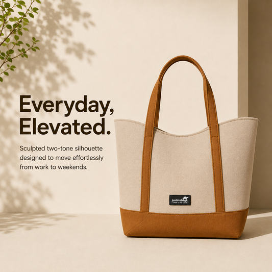 The Juniper Tote in Beige/Brown by JustoteBags — premium two-tone tote bag with button closure