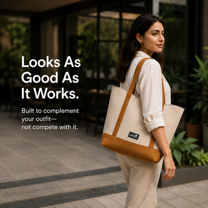 The Juniper Tote in Beige/Brown by JustoteBags — premium two-tone tote bag with button closure