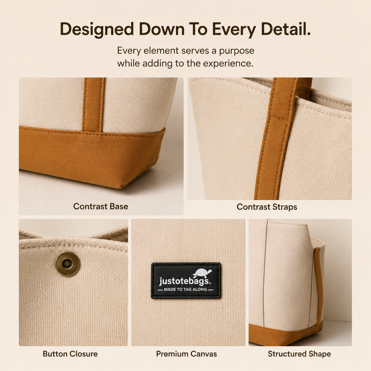The Juniper Tote in Beige/Brown by JustoteBags — premium two-tone tote bag with button closure