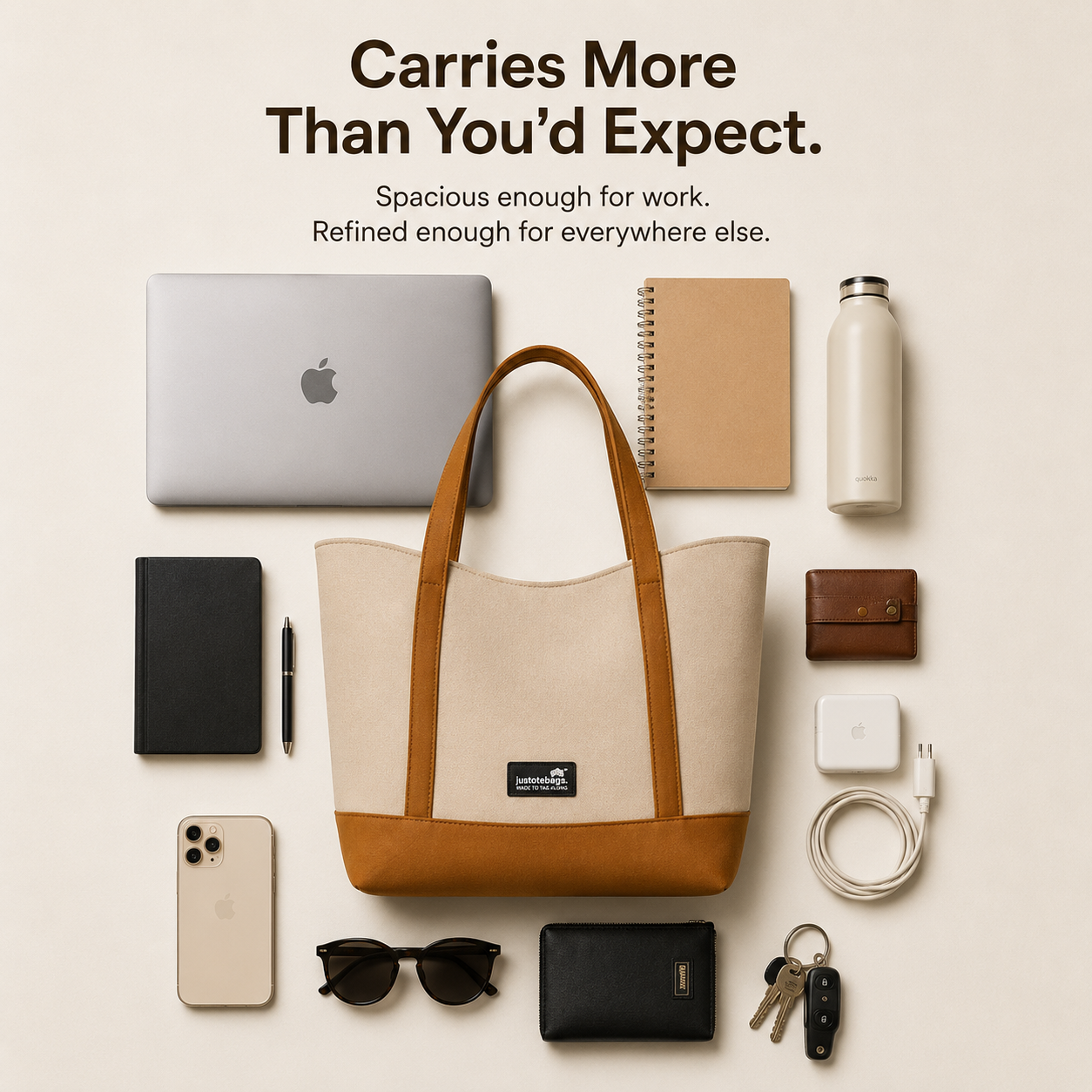 The Juniper Tote in Beige/Brown by JustoteBags — premium two-tone tote bag with button closure