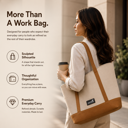 The Juniper Tote in Beige/Brown by JustoteBags — premium two-tone tote bag with button closure