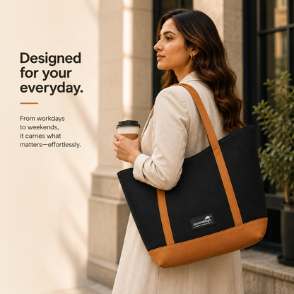 The Juniper Tote in Black/Brown by JustoteBags — premium two-tone tote bag with button closure
