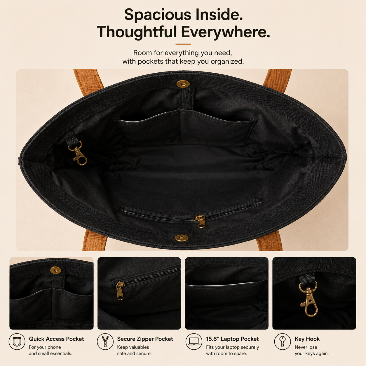 The Juniper Tote in Black/Brown by JustoteBags — premium two-tone tote bag with button closure