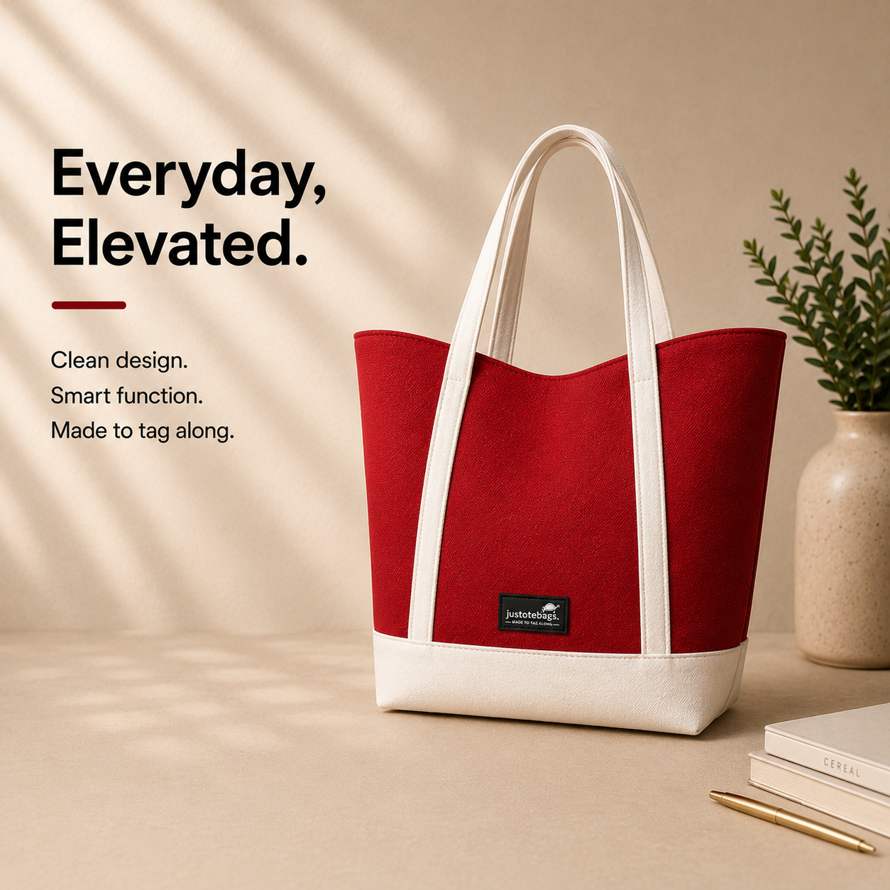 The Juniper Tote in Red/White by JustoteBags — premium two-tone tote bag with button closure