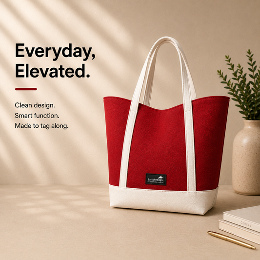 The Juniper Tote in Red/White by JustoteBags — premium two-tone tote bag with button closure