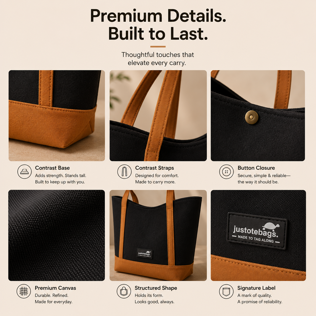 The Juniper Tote in Black/Brown by JustoteBags — premium two-tone tote bag with button closure