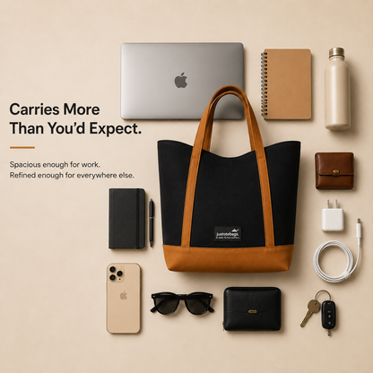 The Juniper Tote in Black/Brown by JustoteBags — premium two-tone tote bag with button closure