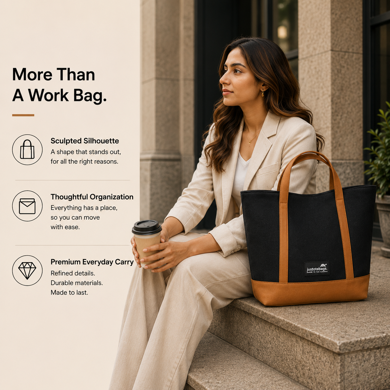 The Juniper Tote in Black/Brown by JustoteBags — premium two-tone tote bag with button closure