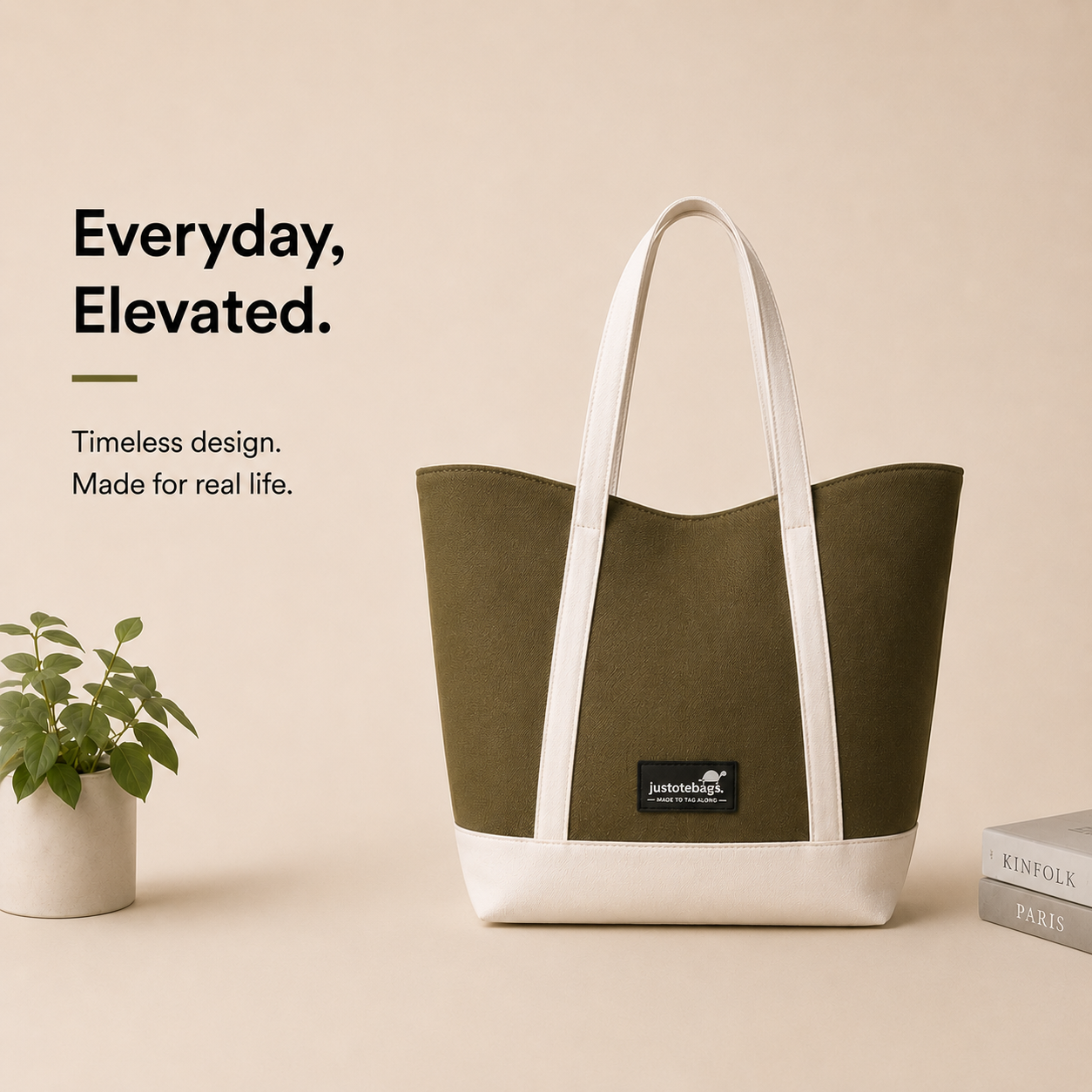 The Juniper Tote in Olive/White by JustoteBags — premium two-tone tote bag with button closure