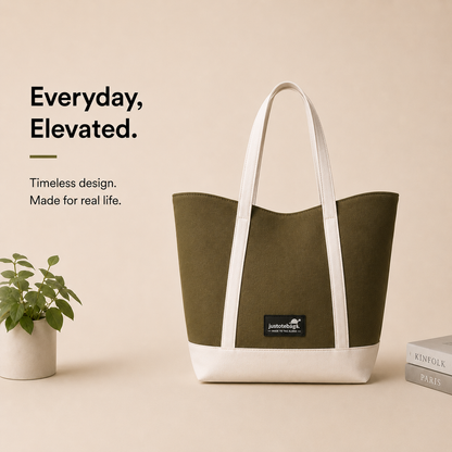 The Juniper Tote in Olive/White by JustoteBags — premium two-tone tote bag with button closure