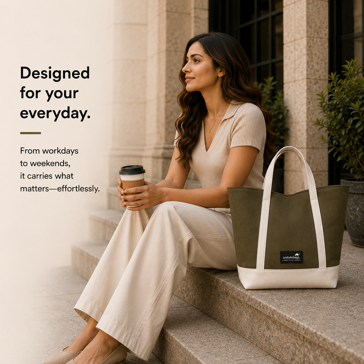 The Juniper Tote in Olive/White by JustoteBags — premium two-tone tote bag with button closure