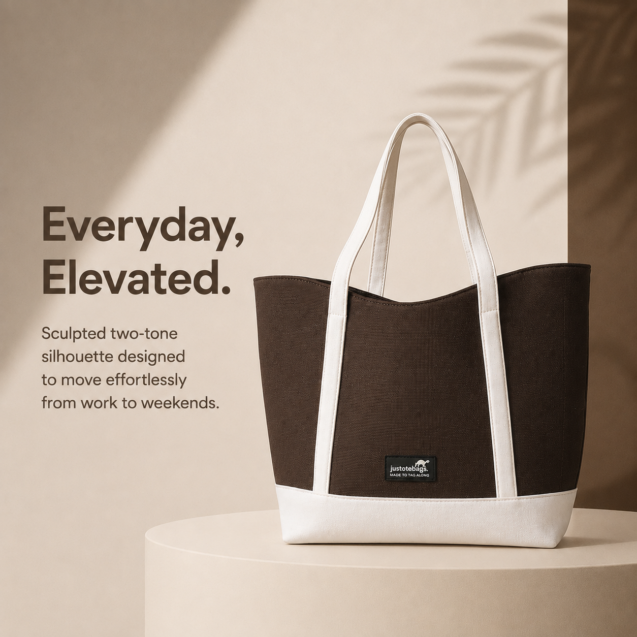 The Juniper Tote in Brown/White by JustoteBags — premium two-tone tote bag with button closure