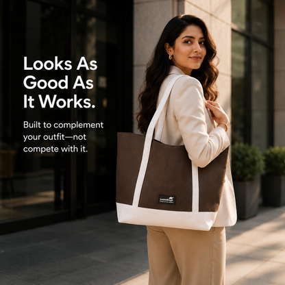 The Juniper Tote in Brown/White by JustoteBags — premium two-tone tote bag with button closure