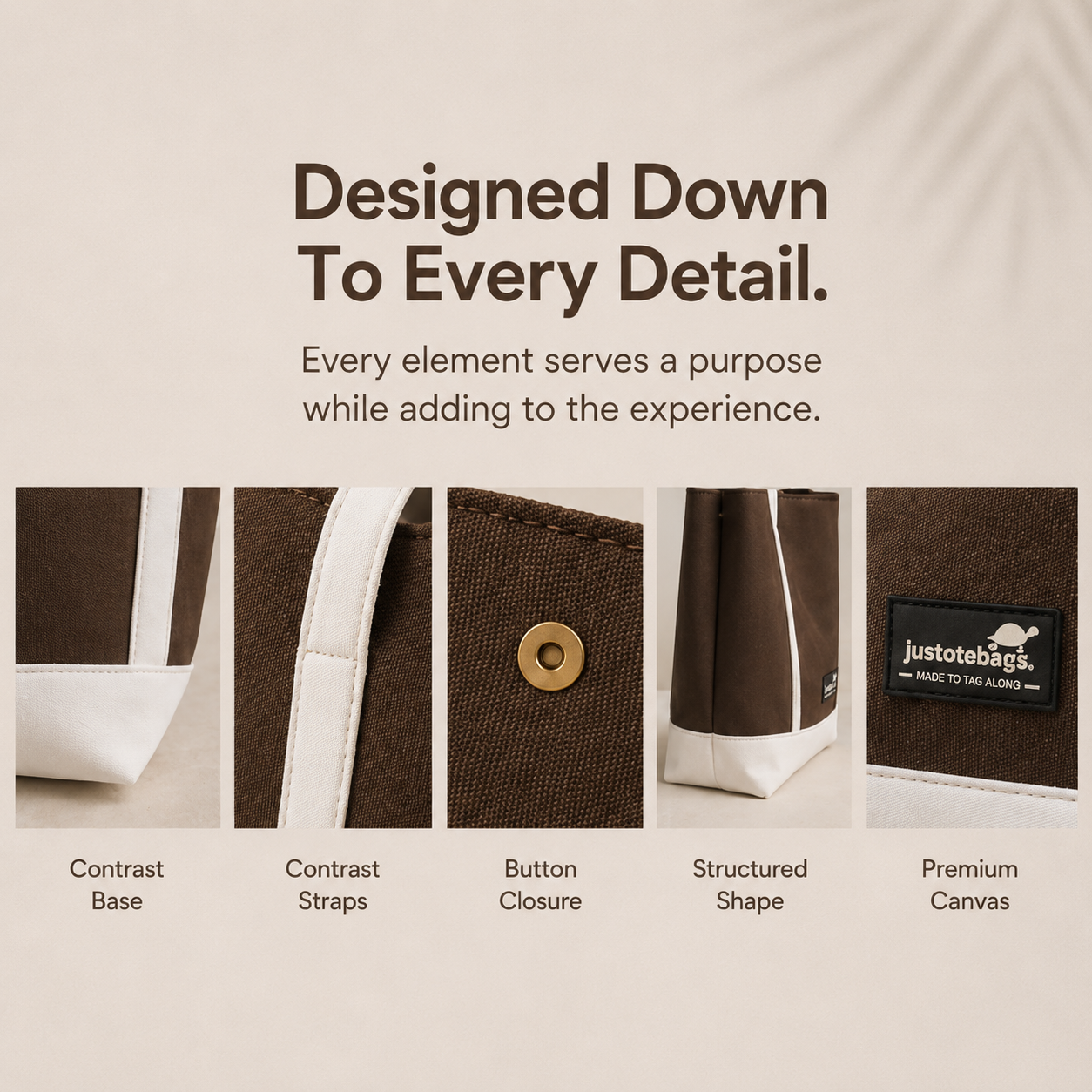 The Juniper Tote in Brown/White by JustoteBags — premium two-tone tote bag with button closure