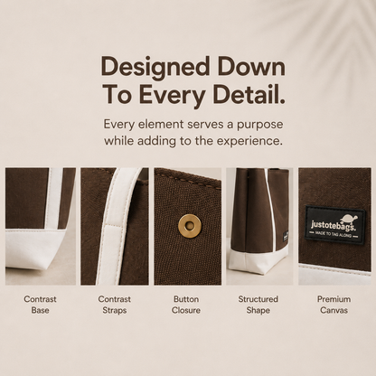 The Juniper Tote in Brown/White by JustoteBags — premium two-tone tote bag with button closure