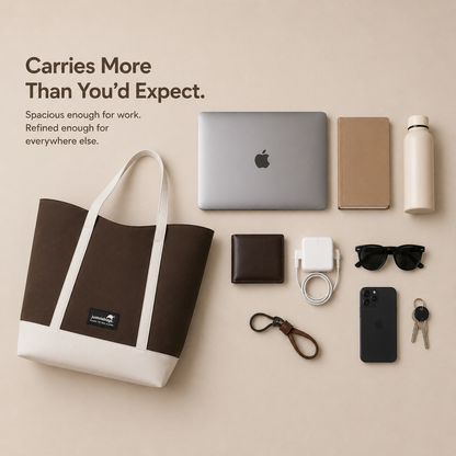 The Juniper Tote in Brown/White by JustoteBags — premium two-tone tote bag with button closure