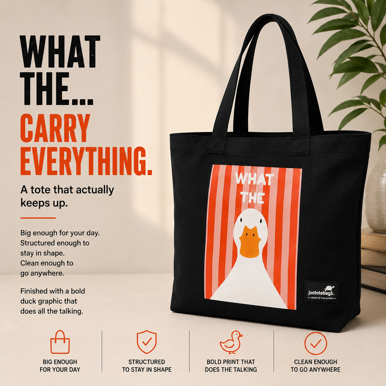 JustoteBags canvas tote bag - Duck Again quote print - view 1