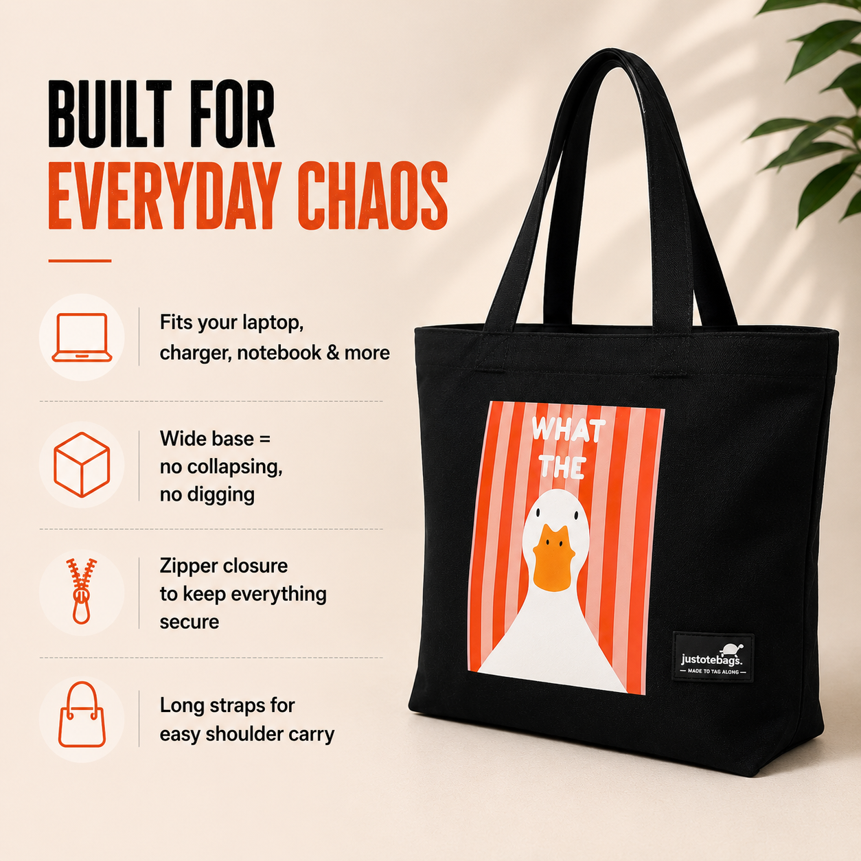 JustoteBags canvas tote bag - Duck Again quote print - view 2