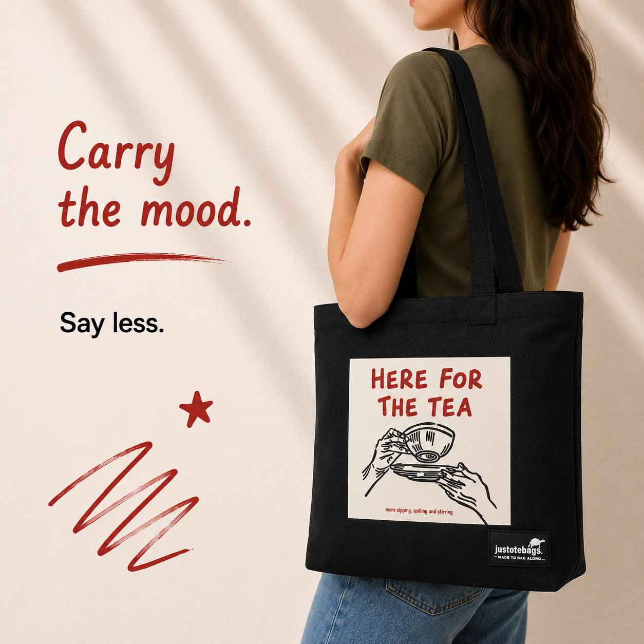 JustoteBags canvas tote bag - Where's the Tea? quote print - view 3