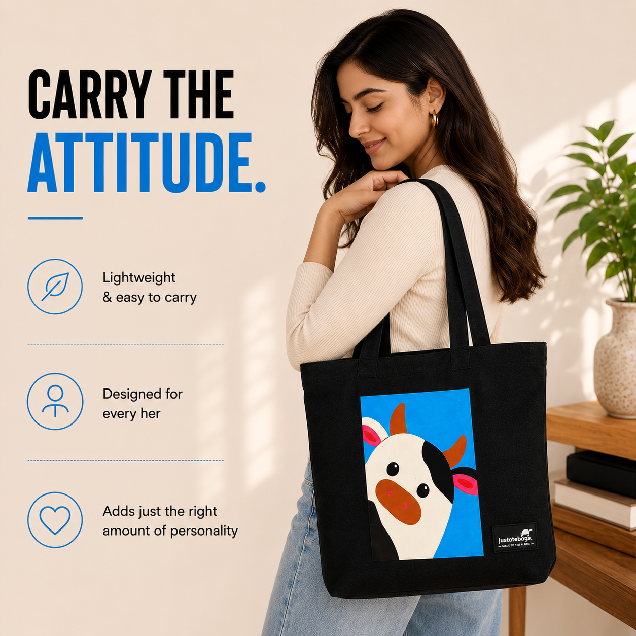 JustoteBags canvas tote bag - Moo quote print - view 3