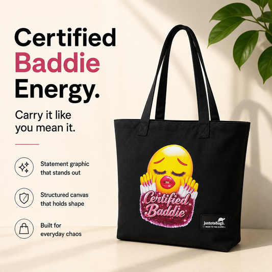 JustoteBags canvas tote bag - Certified Baddie quote print - view 1