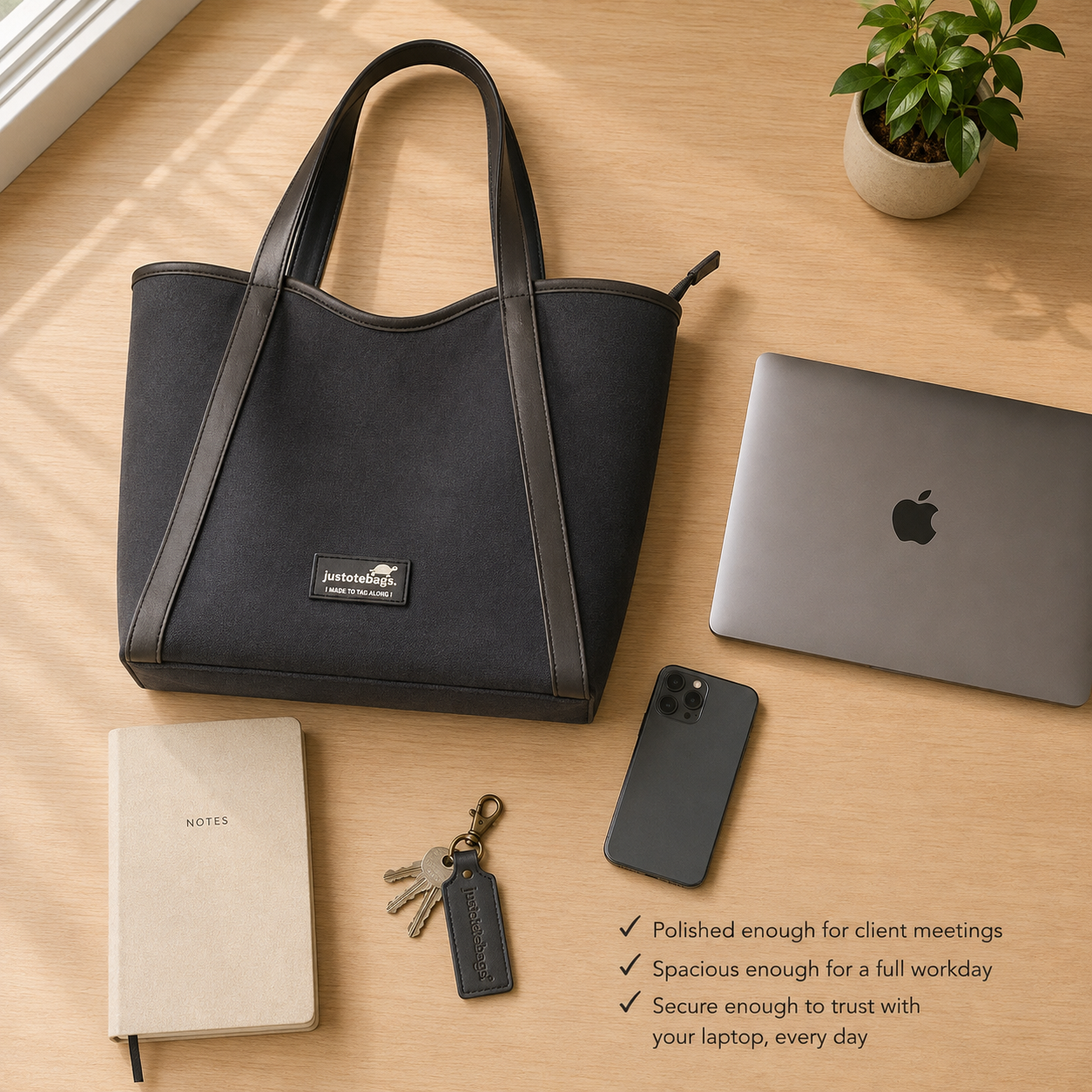 The Laurel Tote in Charcoal — carried on shoulder as an everyday office tote bag