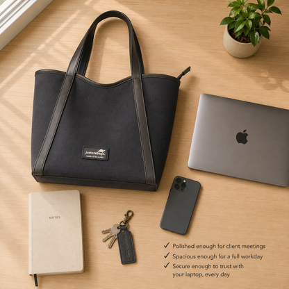 The Laurel Tote in Charcoal — carried on shoulder as an everyday office tote bag