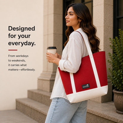 The Juniper Tote in Red/White by JustoteBags — premium two-tone tote bag with button closure