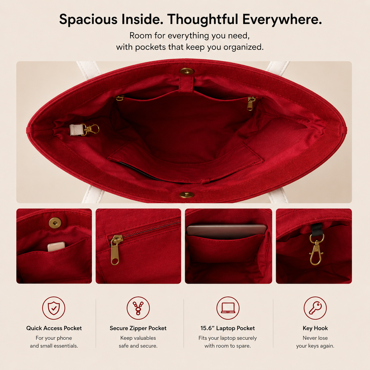 The Juniper Tote in Red/White by JustoteBags — premium two-tone tote bag with button closure