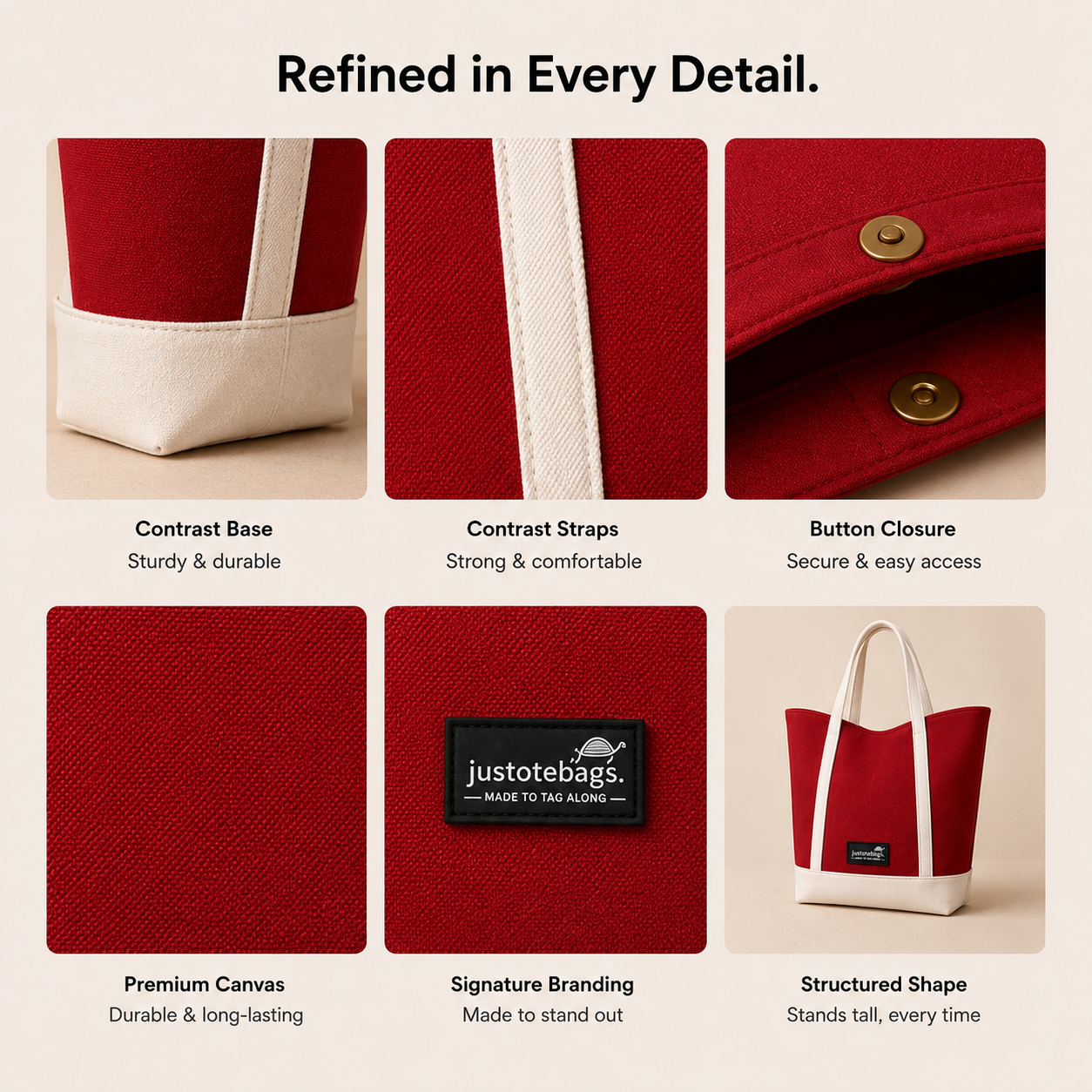 The Juniper Tote in Red/White by JustoteBags — premium two-tone tote bag with button closure