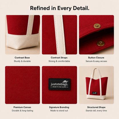 The Juniper Tote in Red/White by JustoteBags — premium two-tone tote bag with button closure