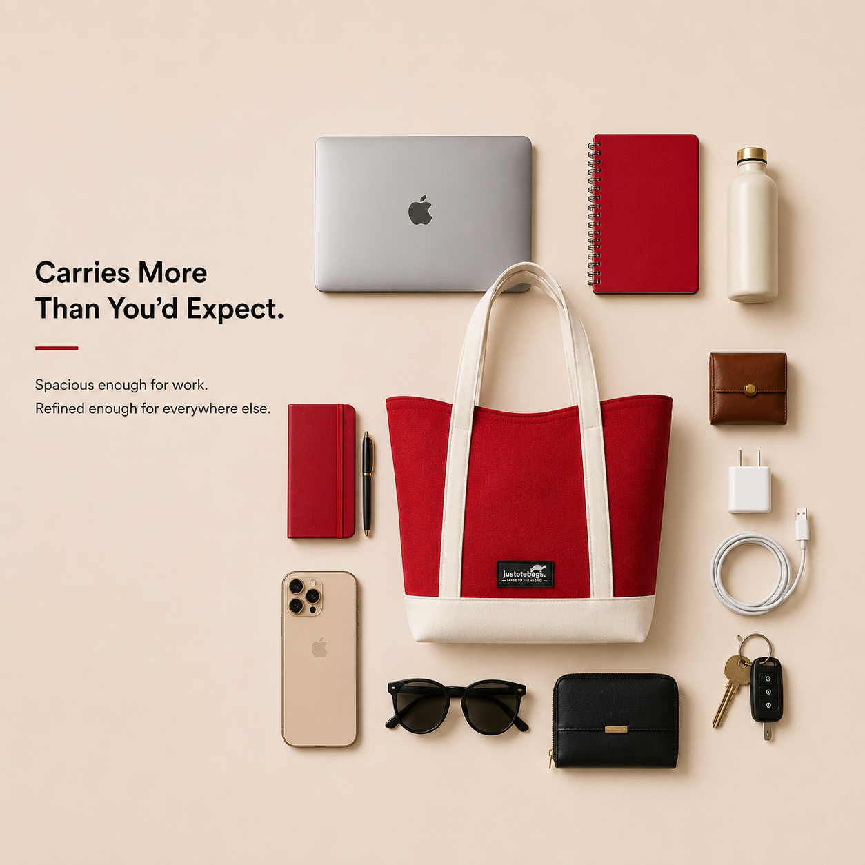 The Juniper Tote in Red/White by JustoteBags — premium two-tone tote bag with button closure